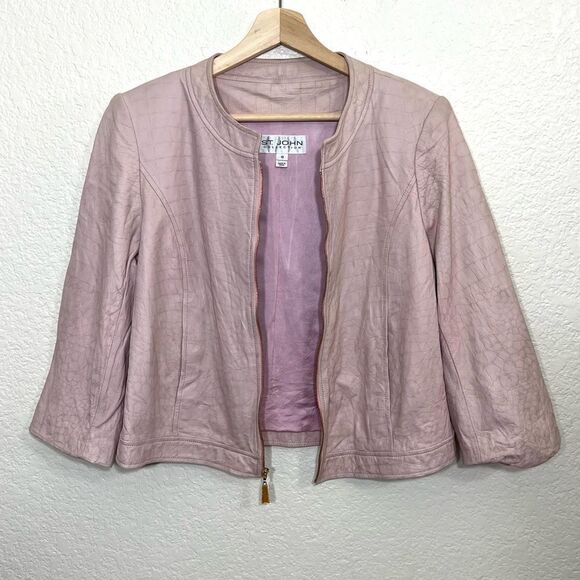 St. John Collection Pink Lamb Leather Jacket Silk Lined Croc Embossed Size 10 - Picture 14 of 15